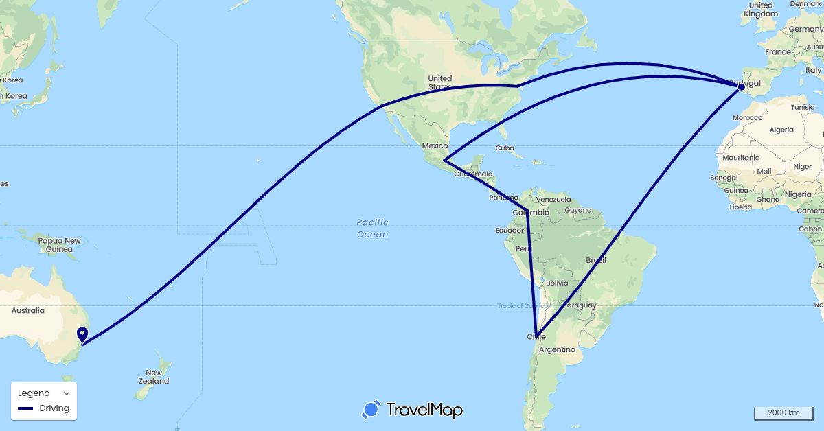 TravelMap itinerary: driving in Australia, Chile, Colombia, Mexico, Portugal, United States (Europe, North America, Oceania, South America)